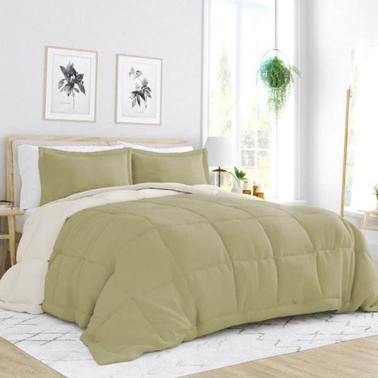 Juego de edredón reversible de microfibra de 3 piezas tamaño Full/Queen en verde salvia/crema