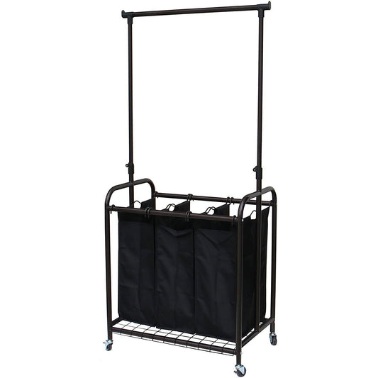 Clasificador de ropa sucia de 3 bolsas color bronce negro con barra ajustable para colgar ropa