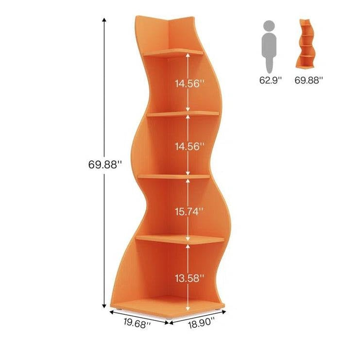 Estantería esquinera de 5 baldas Modern Wave Shape en acabado de madera naranja