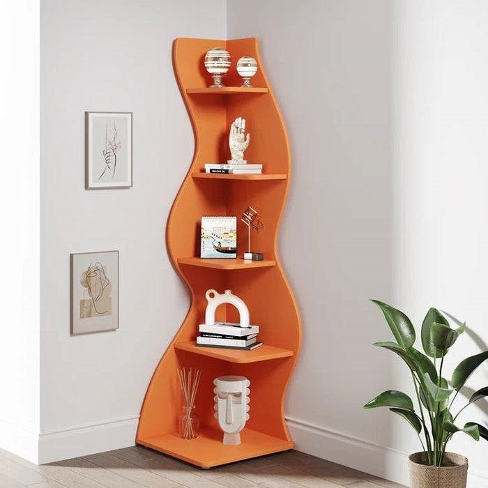 Estantería esquinera de 5 baldas Modern Wave Shape en acabado de madera naranja