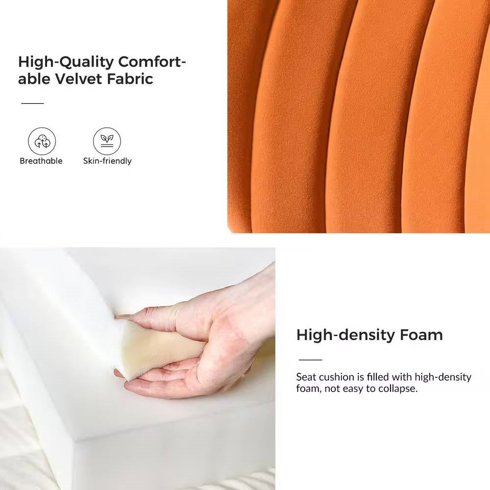 Sillón tapizado de terciopelo naranja con respaldo alto y patas metálicas doradas
