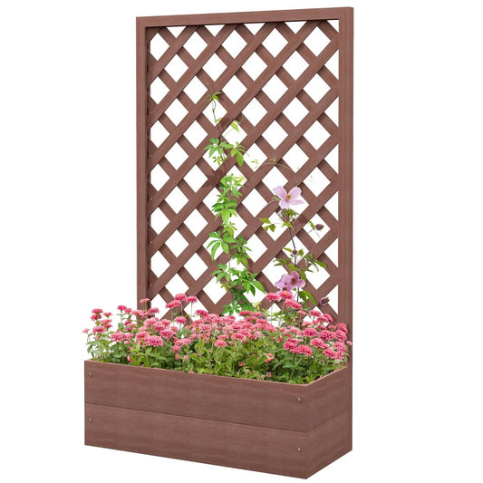 Jardinera elevada de madera marrón para exteriores con celosía enrejada