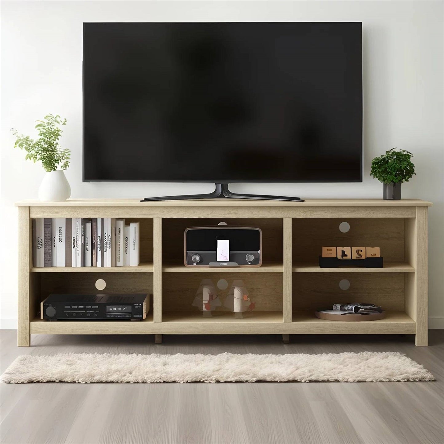 Mueble de TV estilo rústico con acabado en roble claro - para televisores de hasta 70 pulgadas