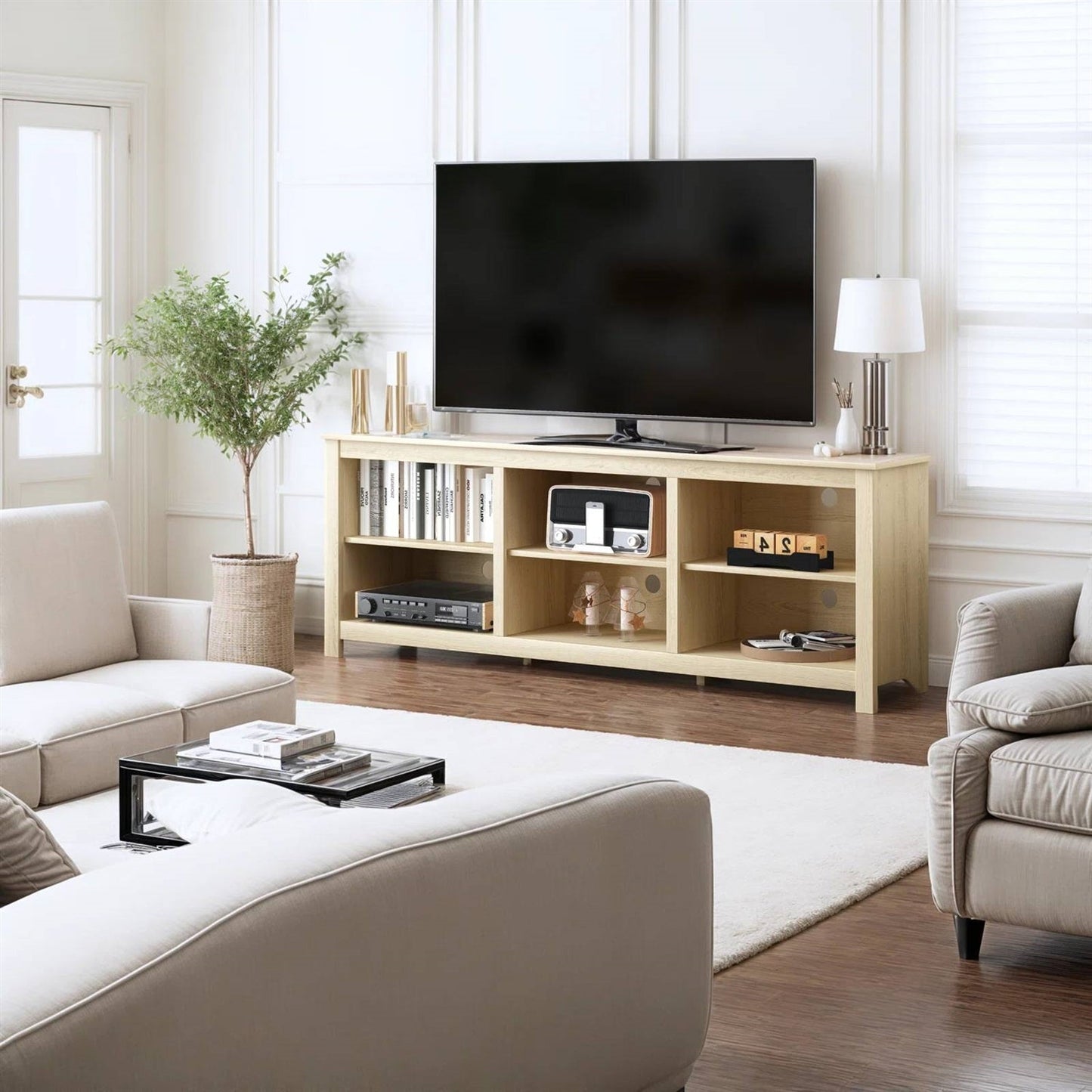 Mueble de TV estilo rústico con acabado en roble claro - para televisores de hasta 70 pulgadas