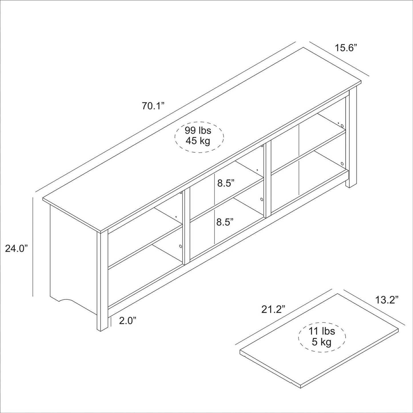 Mueble de TV estilo rústico con acabado en roble claro - para televisores de hasta 70 pulgadas