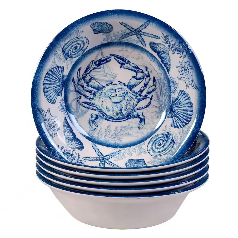 Juego de 6 cuencos hondos para cena con diseño de conchas marinas, cangrejos y estrellas de mar azules y blancas