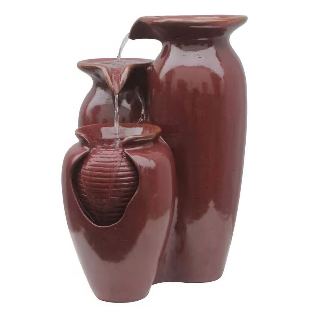 Fuente de agua de poliresina con aspecto de cerámica roja burdeos de 3 niveles para patio de jardín exterior