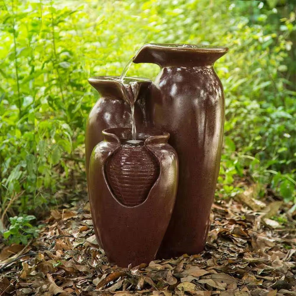 Fuente de agua de poliresina con aspecto de cerámica roja burdeos de 3 niveles para patio de jardín exterior