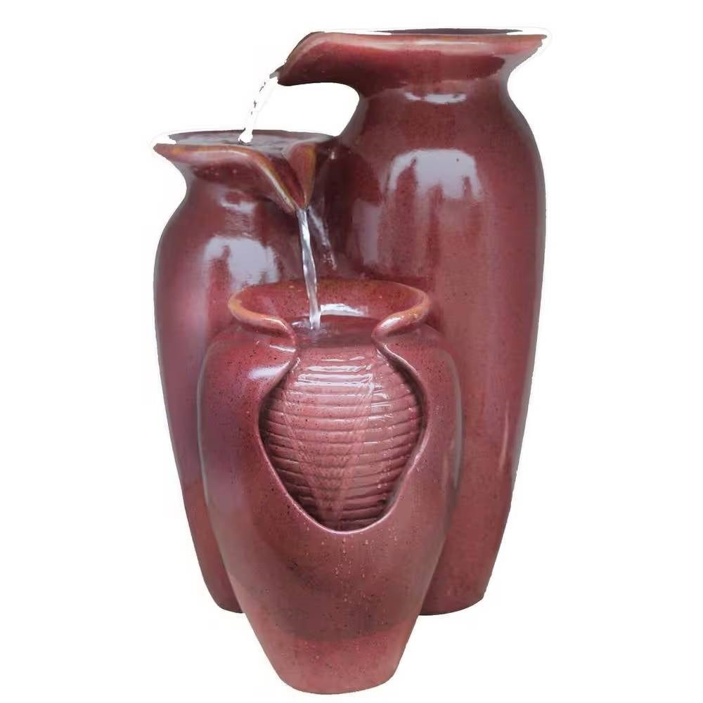 Fuente de agua de poliresina con aspecto de cerámica roja burdeos de 3 niveles para patio de jardín exterior