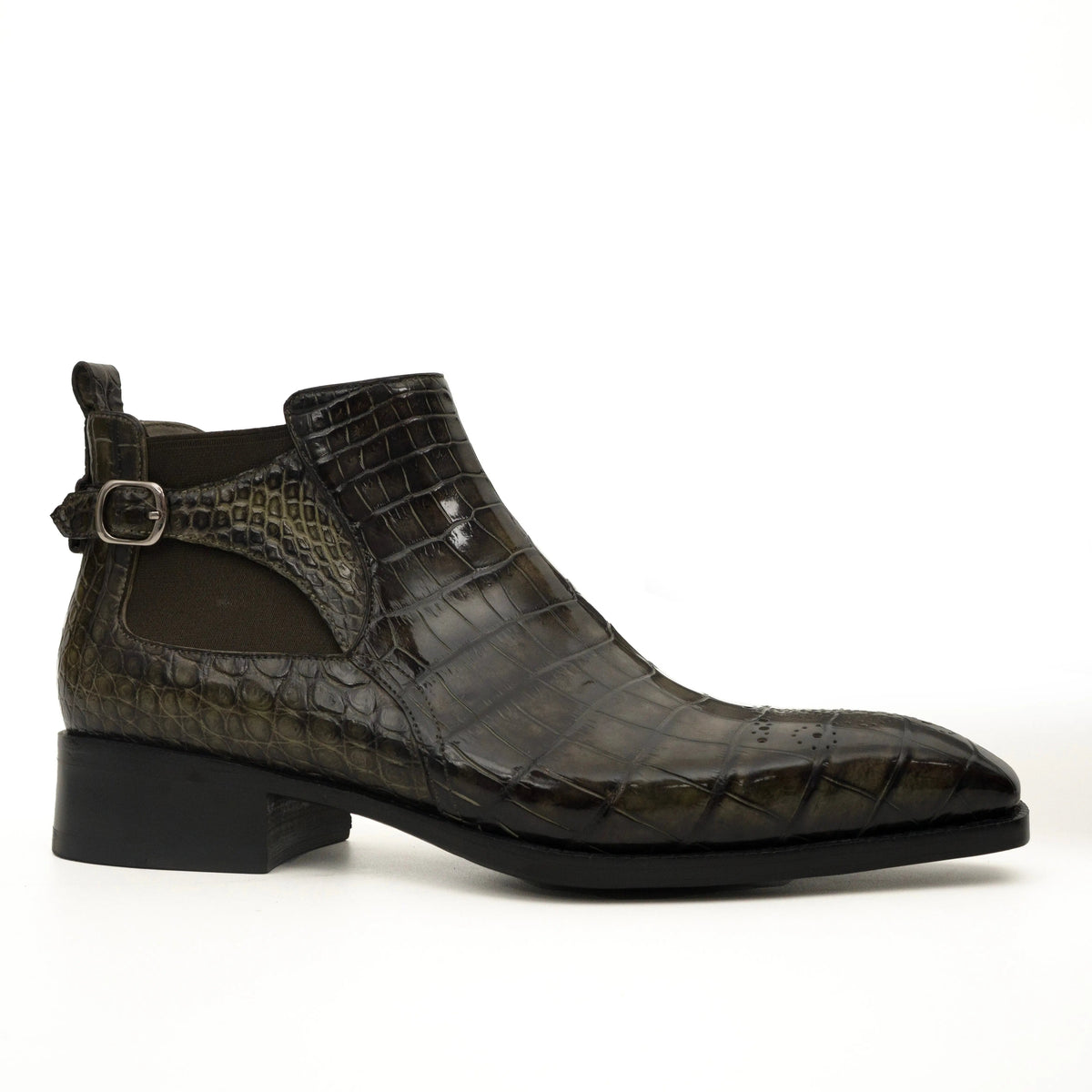 Dark Olive Green Crocodile Leather Chelsea Boots