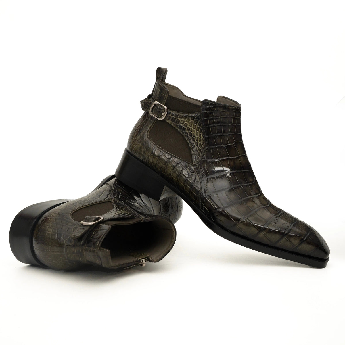 Dark Olive Green Crocodile Leather Chelsea Boots