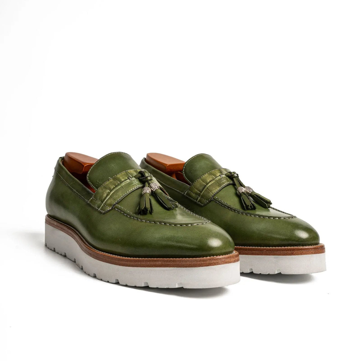 Green Calf & Crocodile Leather Tassel Loafers