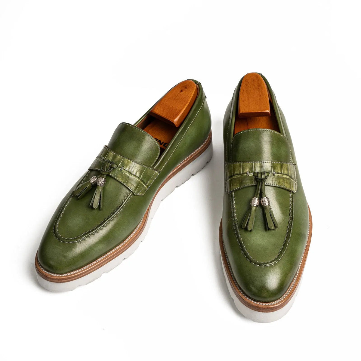 Green Calf & Crocodile Leather Tassel Loafers