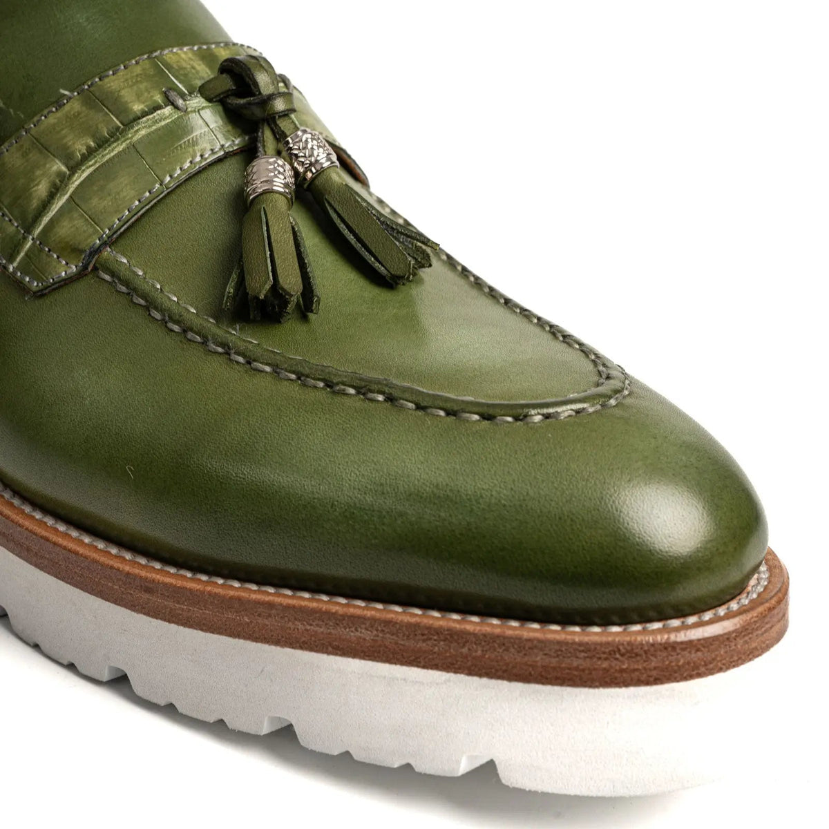 Green Calf & Crocodile Leather Tassel Loafers