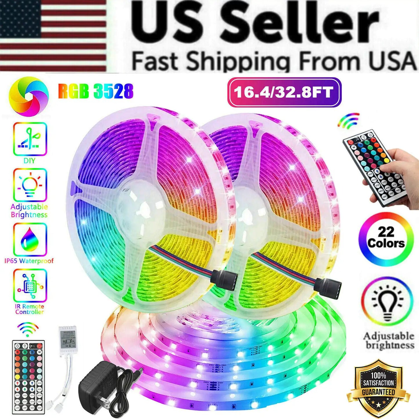 Tira de luces LED SMD flexible de 32 pies 3528 RGB con control remoto para habitación, TV, fiestas, bar
