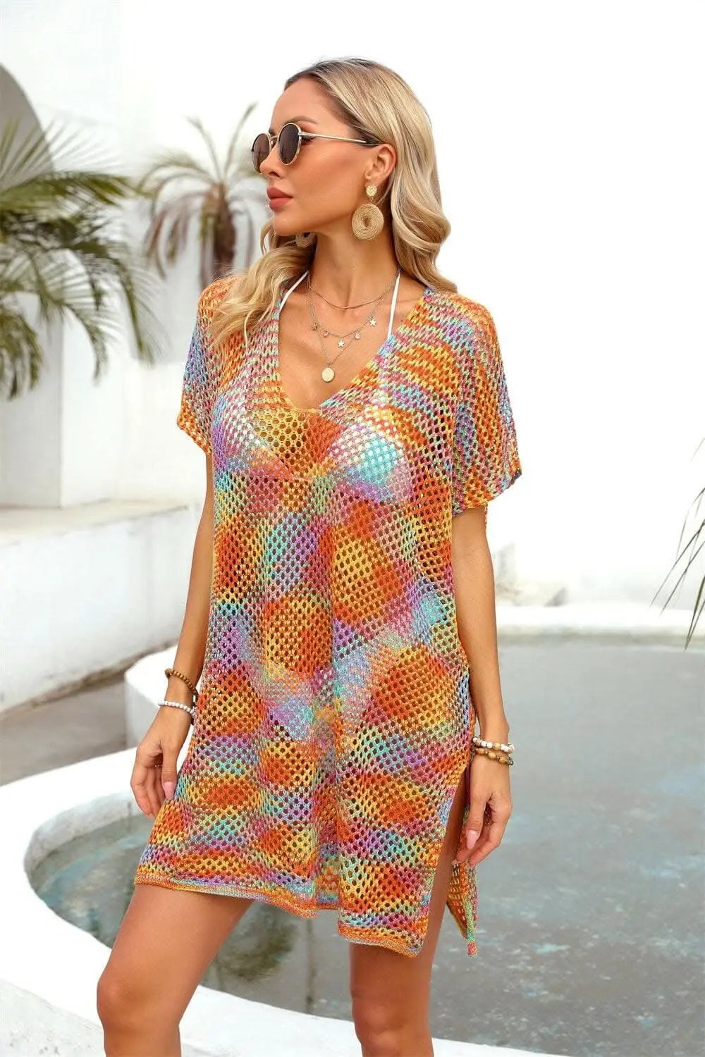 T-Shirts Trendsi swimwear - Openwork sheer cover-up with contrast detailing
