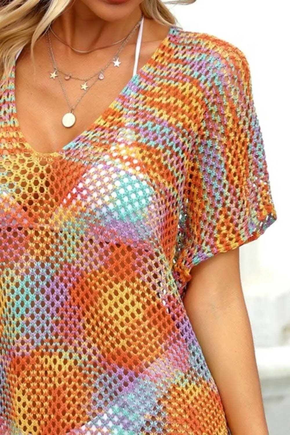 T-Shirts Trendsi swimwear - Openwork sheer cover-up with contrast detailing