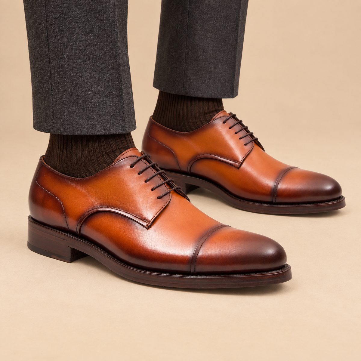 Orange-Brown Cap-Toe Calf Leather Derby Shoes