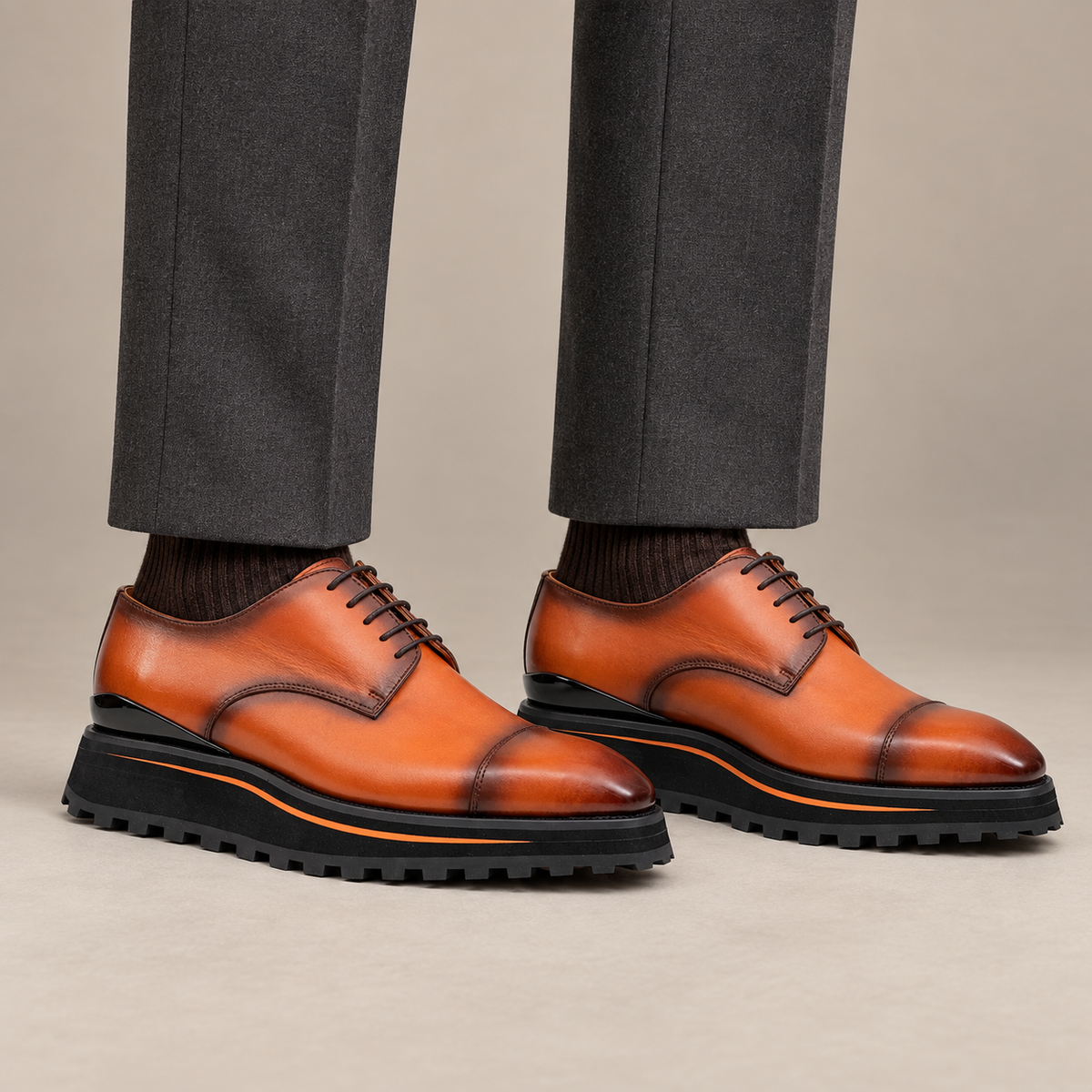 Orange-Brown Cap-Toe Cow Leather Derby Shoes