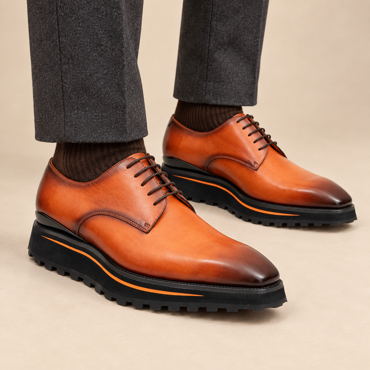 Orange-Brown Plain-Toe Cow Leather Derby Shoes