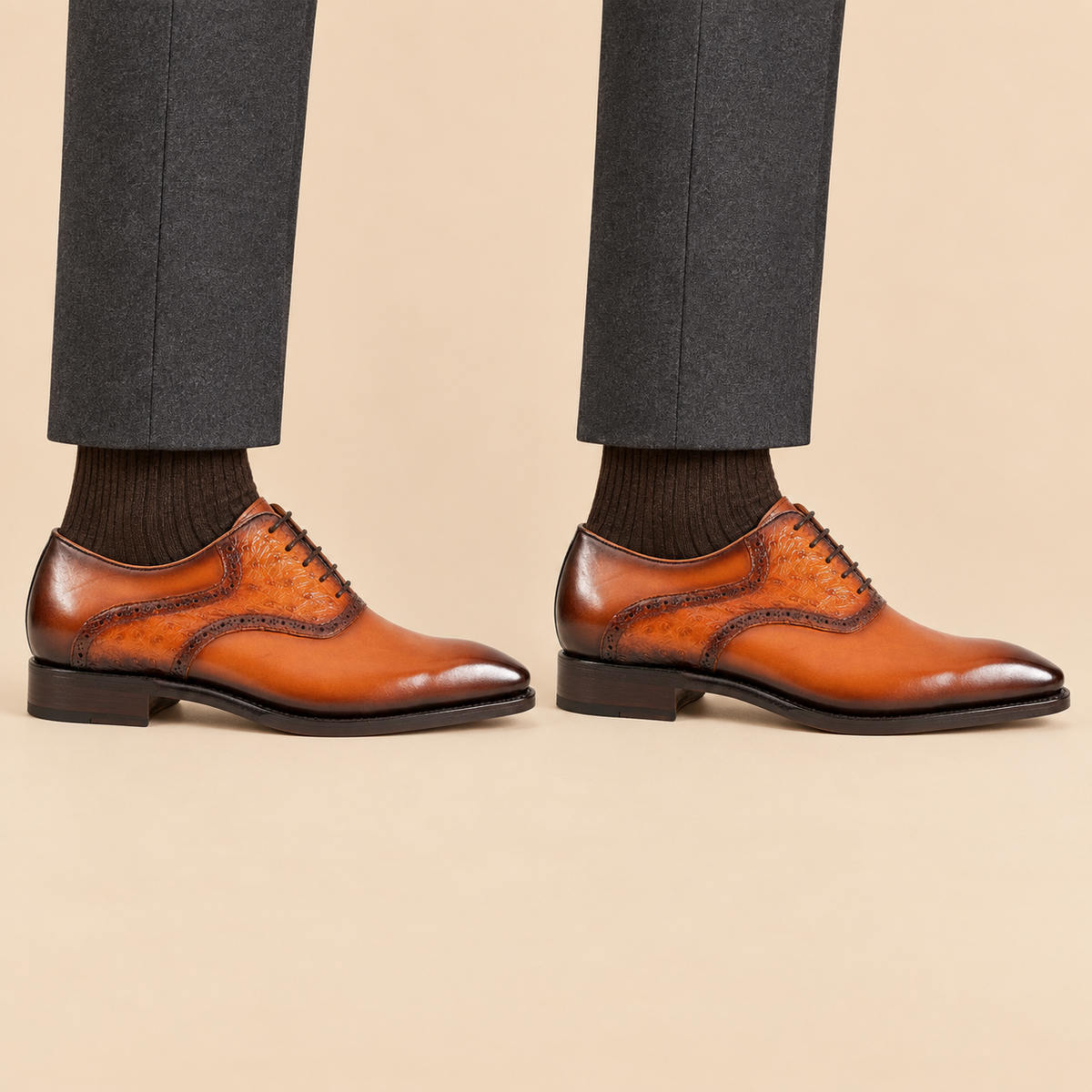 Orange-Brown Square-Toe Cow Leather Oxford Shoes