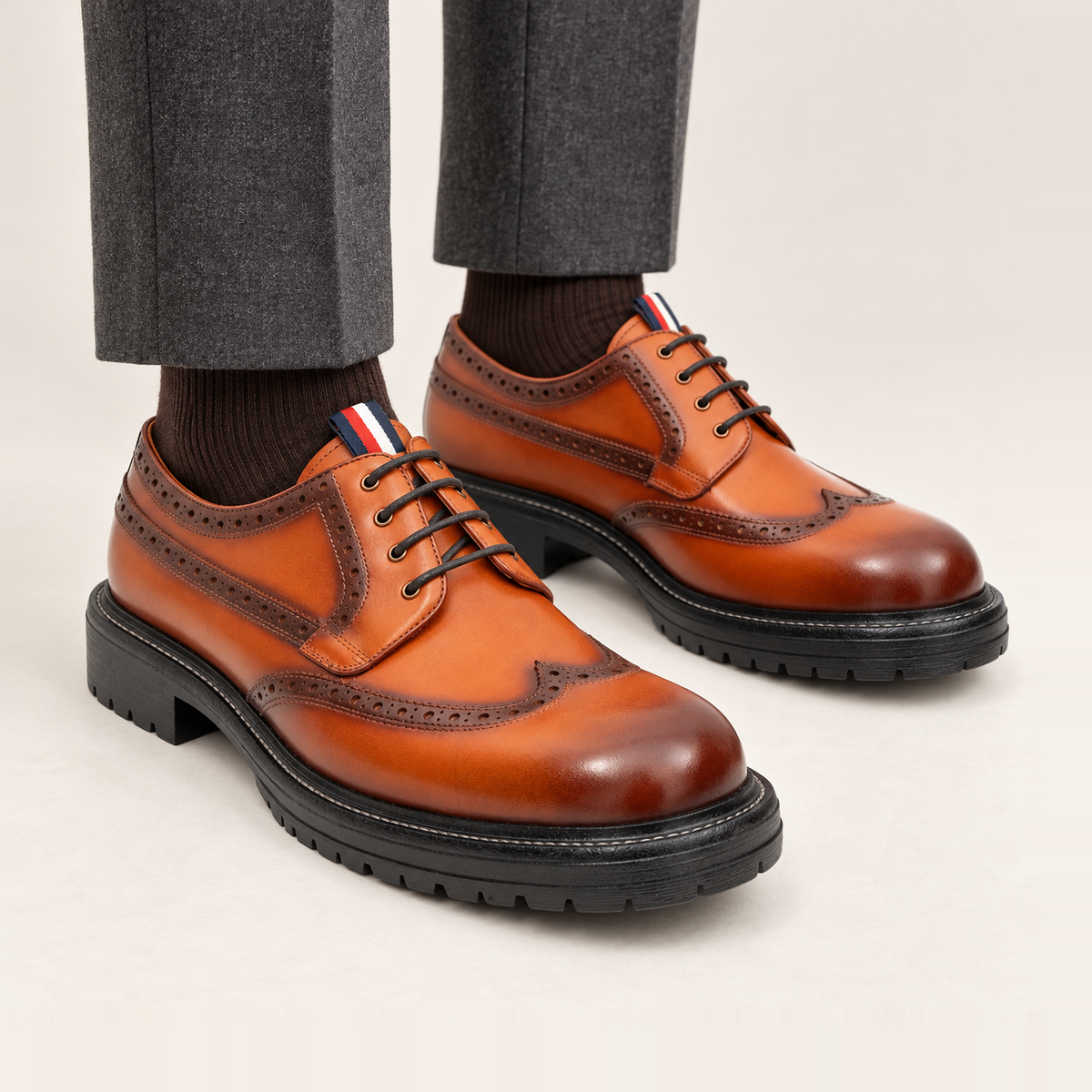 Orange-Brown Wingtip Calf Leather Derby Shoes