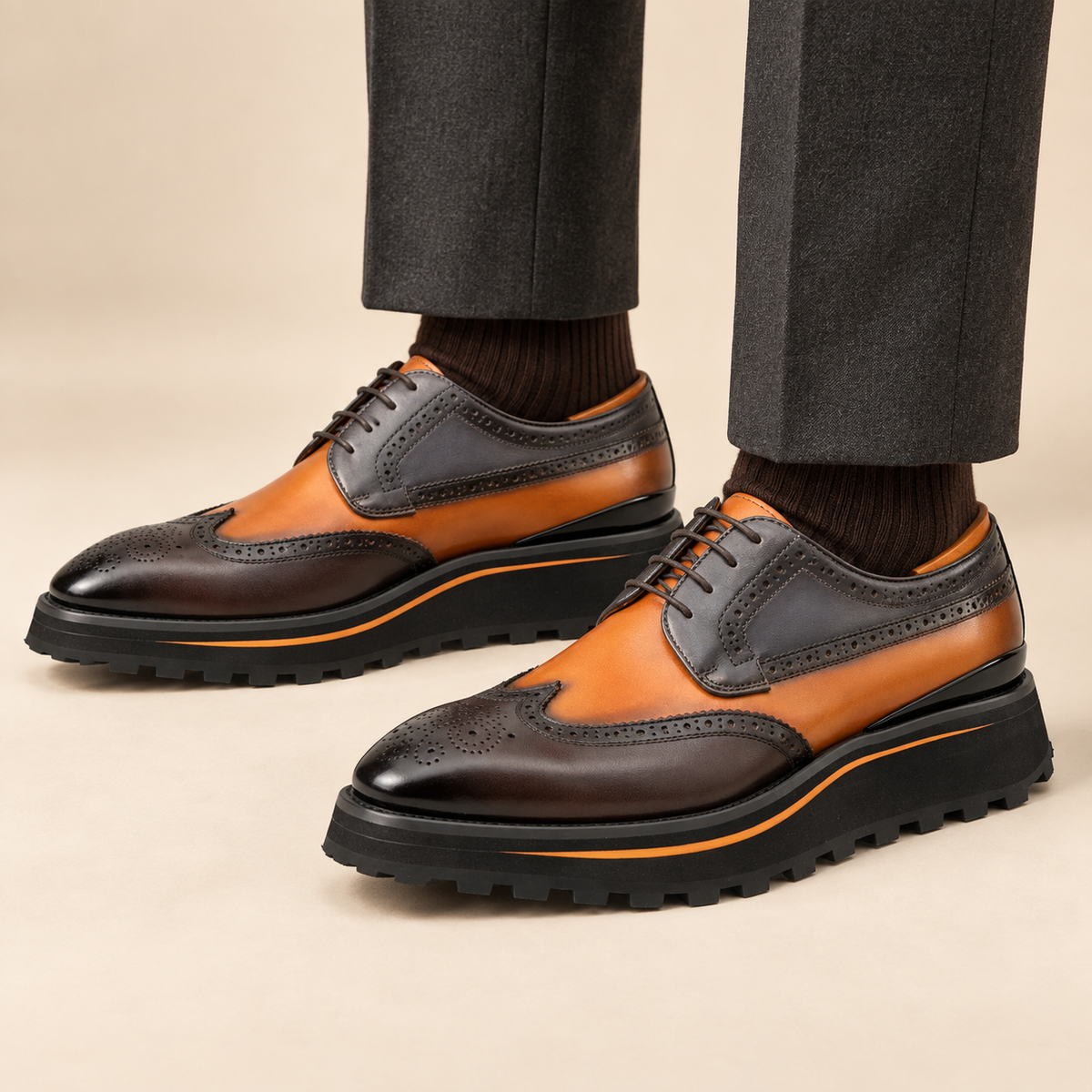 Orange-Brown Wingtip Calf Leather Derby Shoes