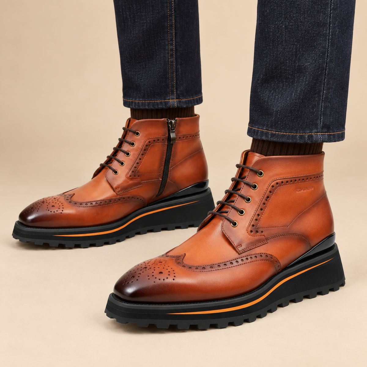 Orange-Brown Wingtip Cow Leather Ankle Boots