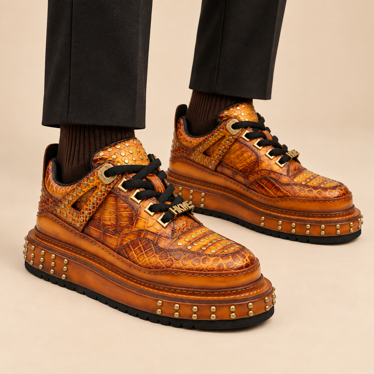 Orange Studded Crocodile Leather Sneakers