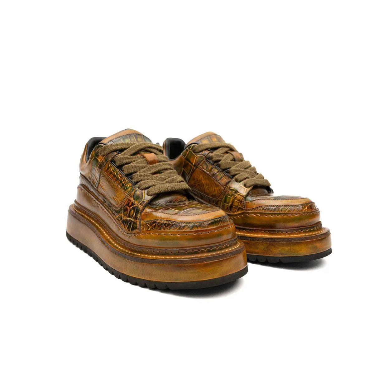 Brown Platform Ostrich Leg Leather Sneakers