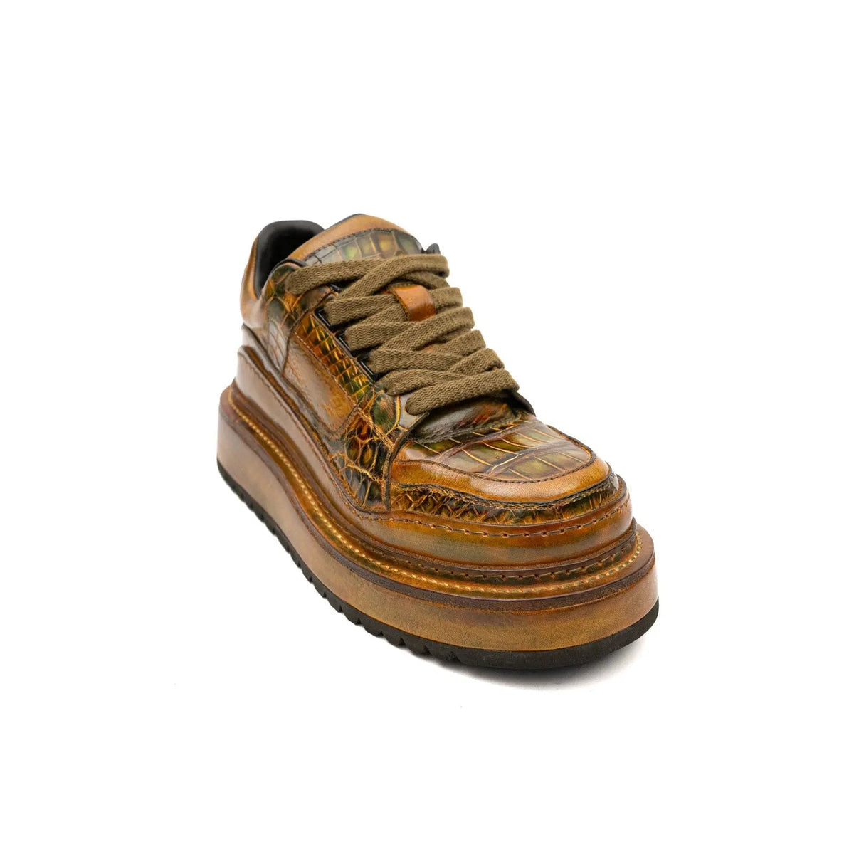 Brown Platform Ostrich Leg Leather Sneakers