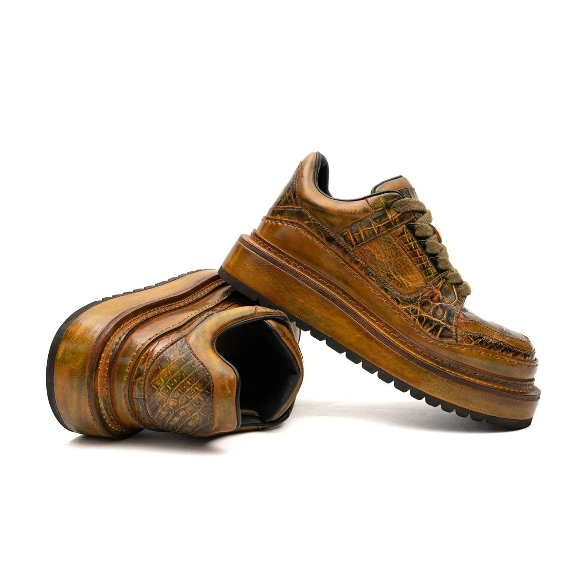 Brown Platform Ostrich Leg Leather Sneakers