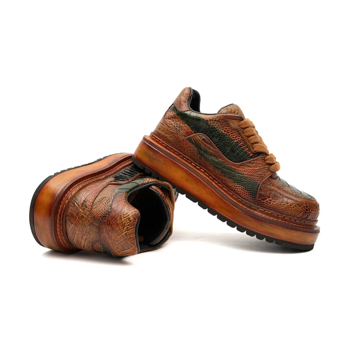 Orange-Brown Platform Ostrich Leg Leather Sneakers
