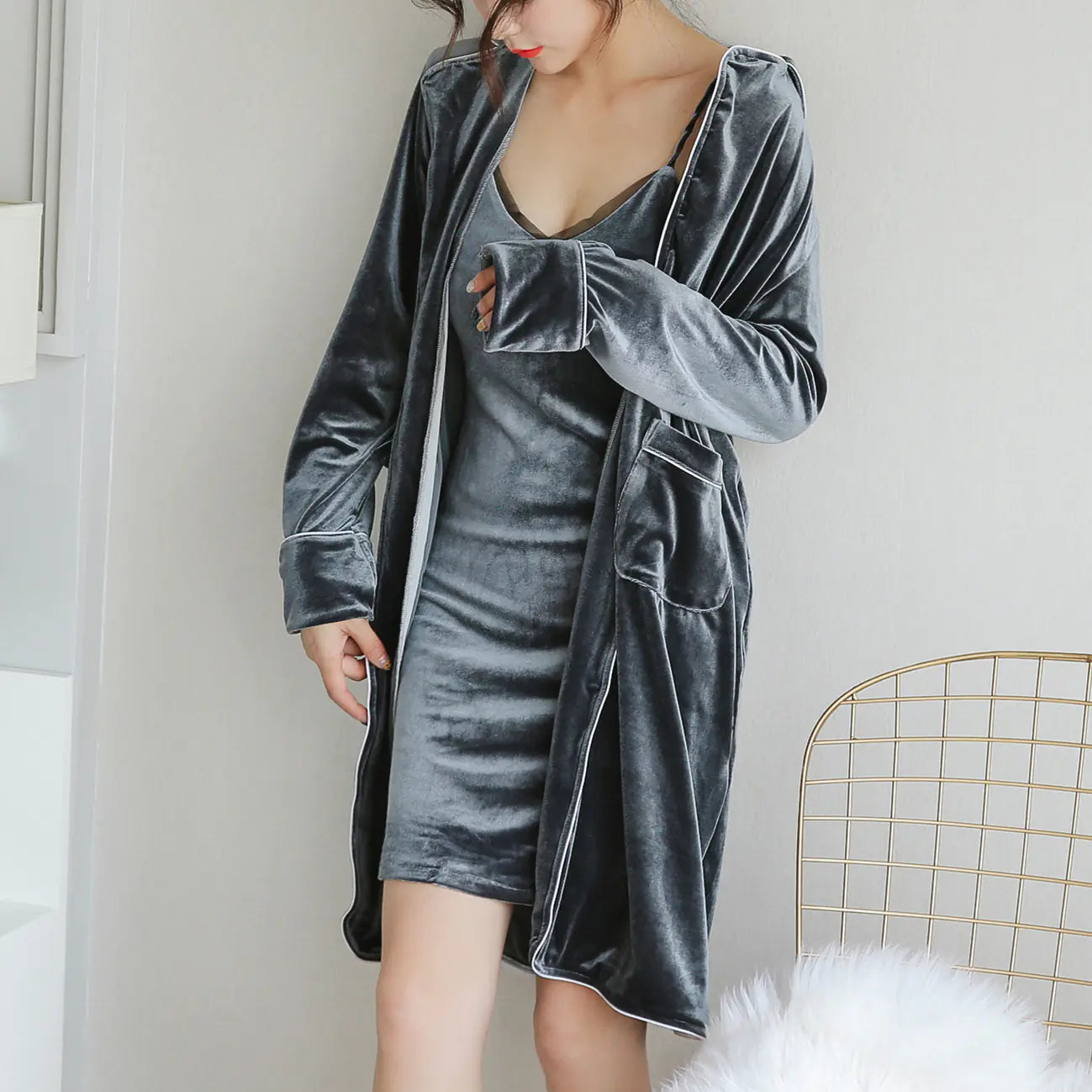 Luxury Velvet Three-Piece Pajama Set with Robe