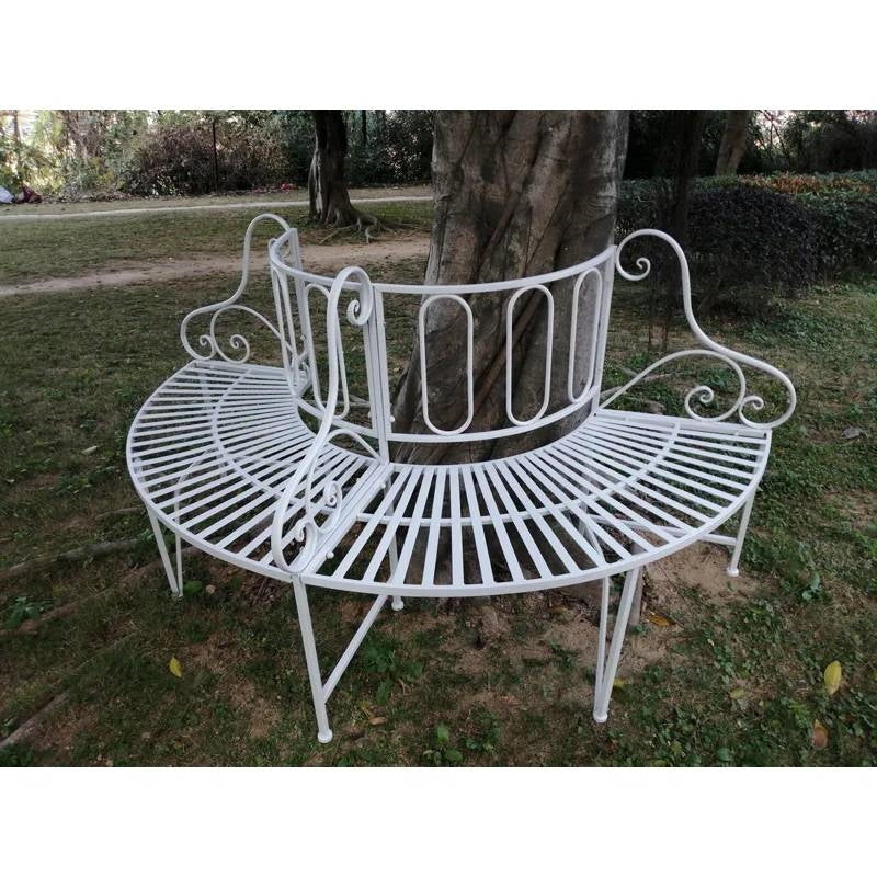 Banco de árbol de metal blanco semicircular para patio exterior y jardín