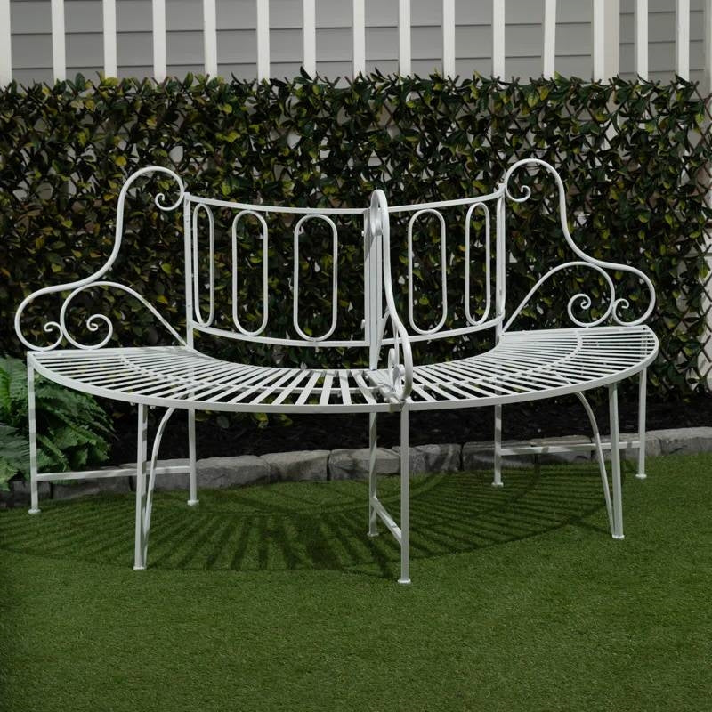 Banco de árbol de metal blanco semicircular para patio exterior y jardín