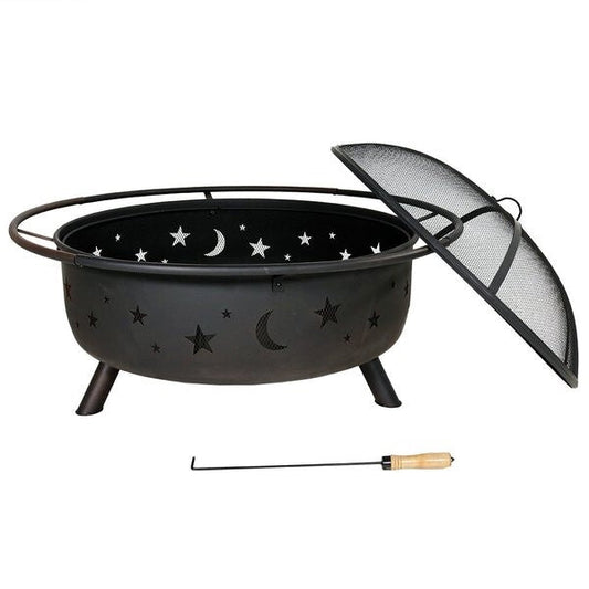 Pozo de fuego de leña de acero con malla de protección.