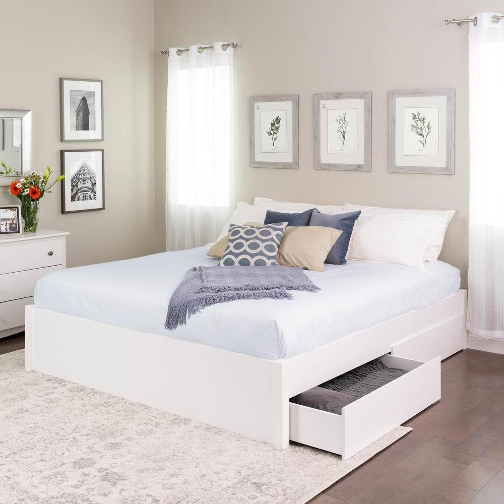 Cama de plataforma tamaño King de madera blanca con almacenamiento de 2 cajones y 4 postes