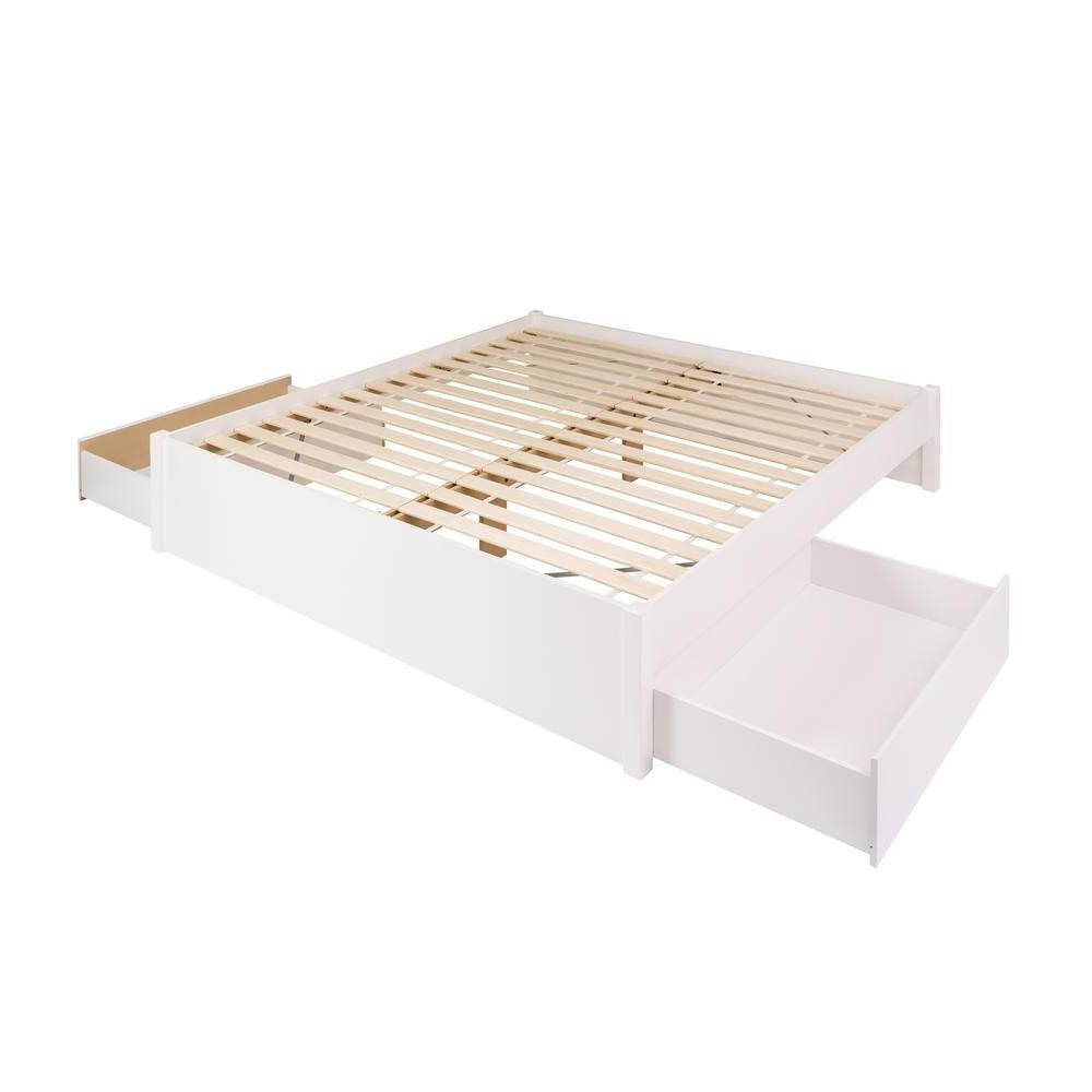 Cama de plataforma tamaño King de madera blanca con almacenamiento de 2 cajones y 4 postes