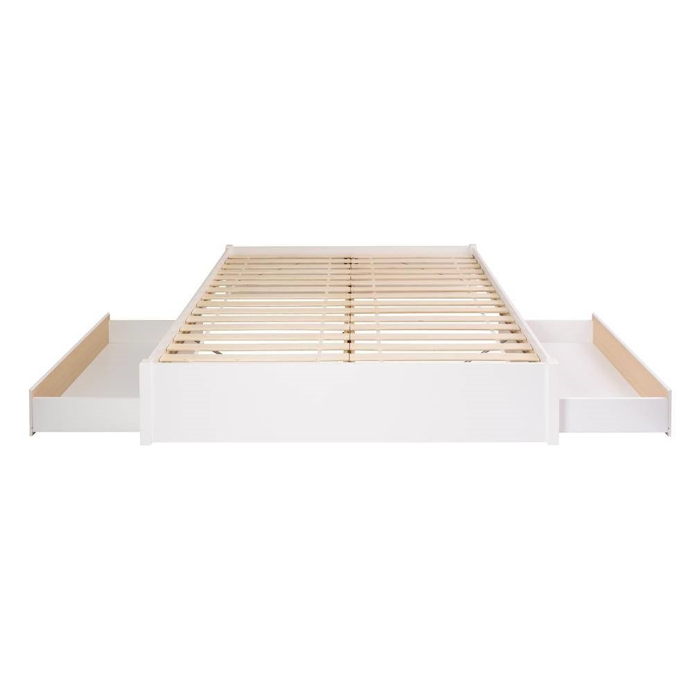 Cama de plataforma tamaño King de madera blanca con almacenamiento de 2 cajones y 4 postes