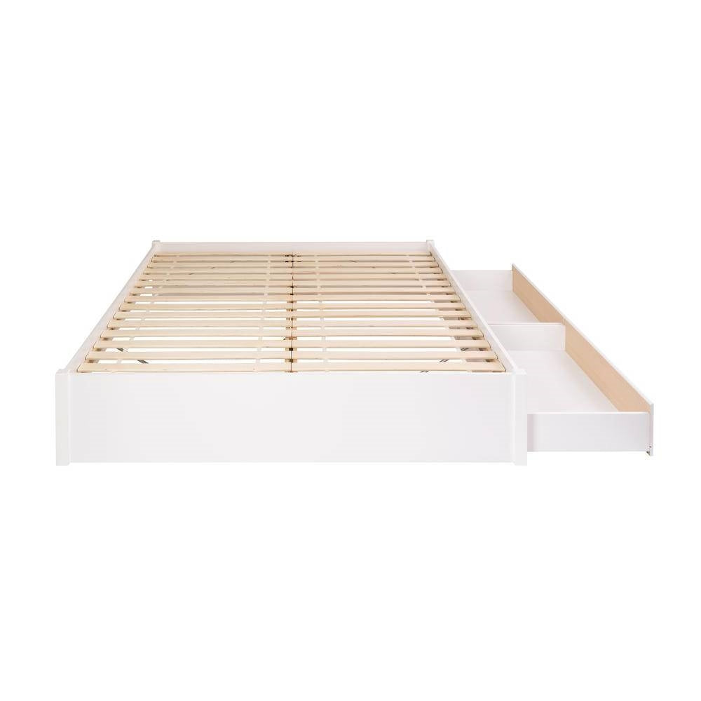Cama de plataforma tamaño King de madera blanca con almacenamiento de 2 cajones y 4 postes