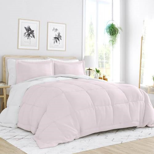 Juego de edredón reversible de microfibra de 3 piezas tamaño Matrimonial/Queen en rosa claro y blanco