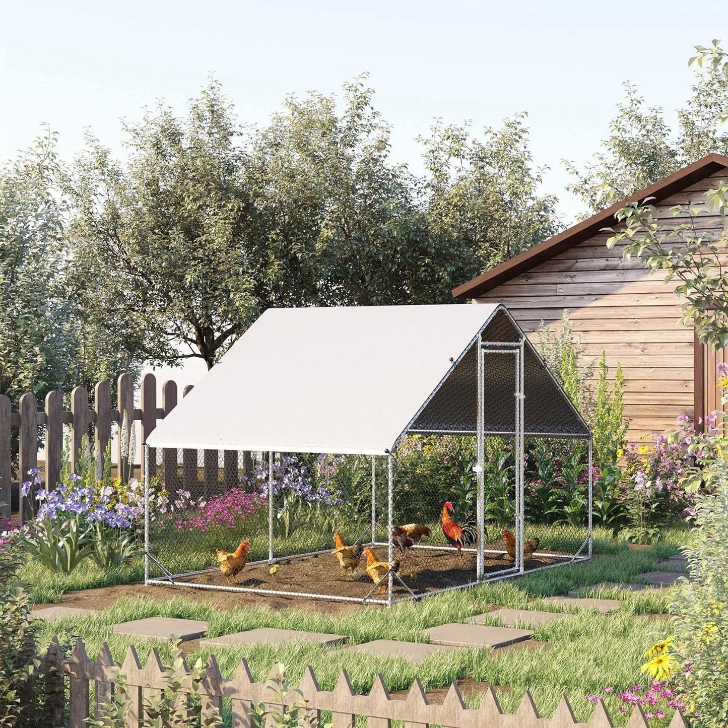 Gallinero Metálico Grande para Patio Exterior con Techo Impermeable - 2.98 m x 2.01 m