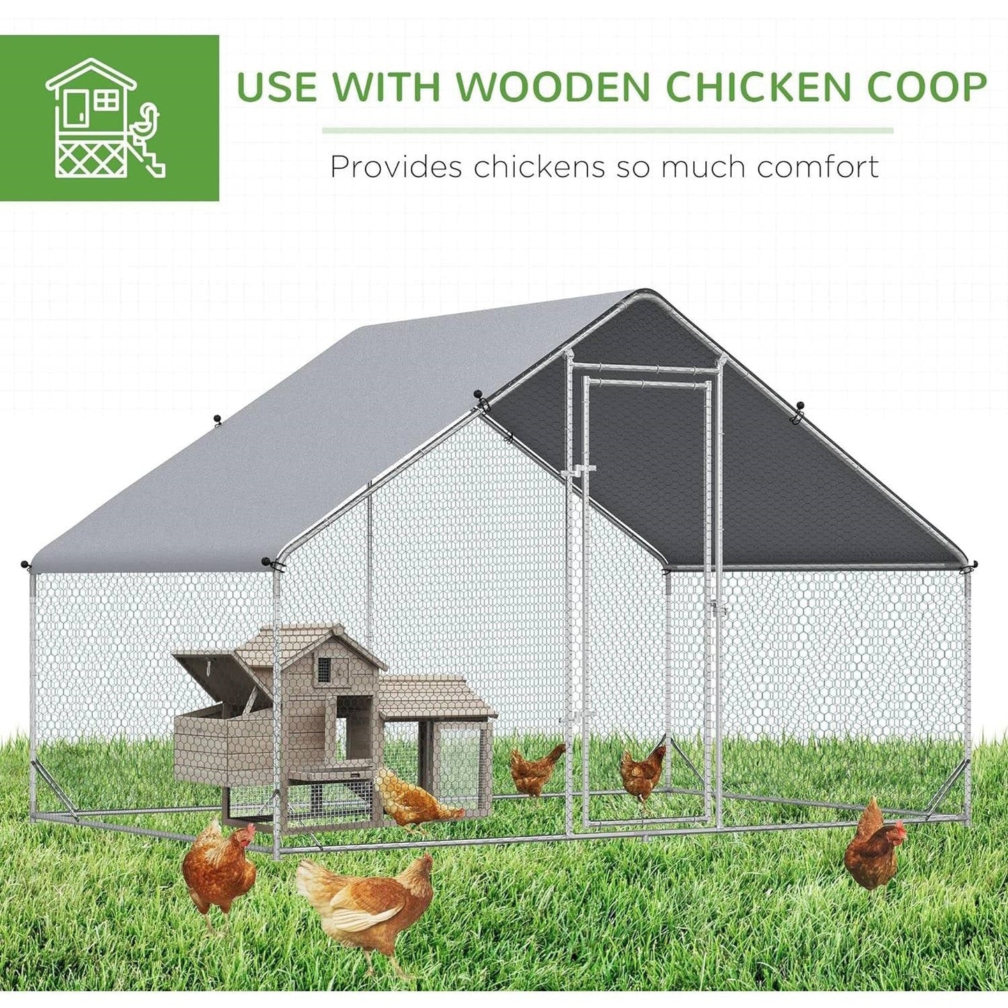 Gallinero Metálico Grande para Patio Exterior con Techo Impermeable - 2.98 m x 2.01 m