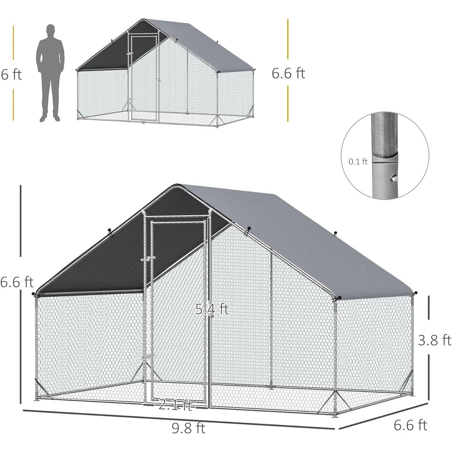 Gallinero Metálico Grande para Patio Exterior con Techo Impermeable - 2.98 m x 2.01 m