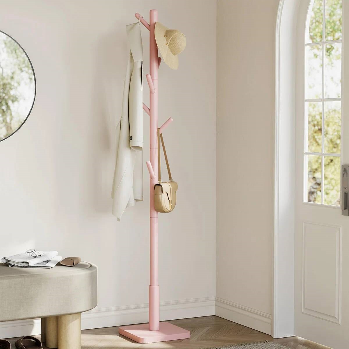 Perchero moderno de madera maciza para recibidor con estante para sombreros en rosa