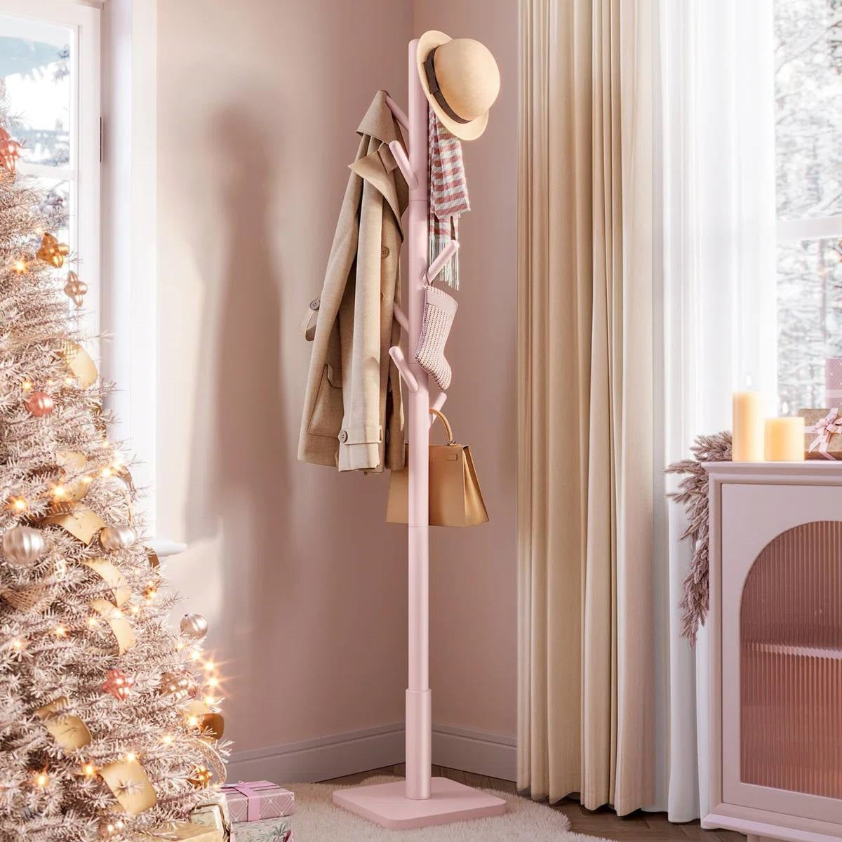 Perchero moderno de madera maciza para recibidor con estante para sombreros en rosa