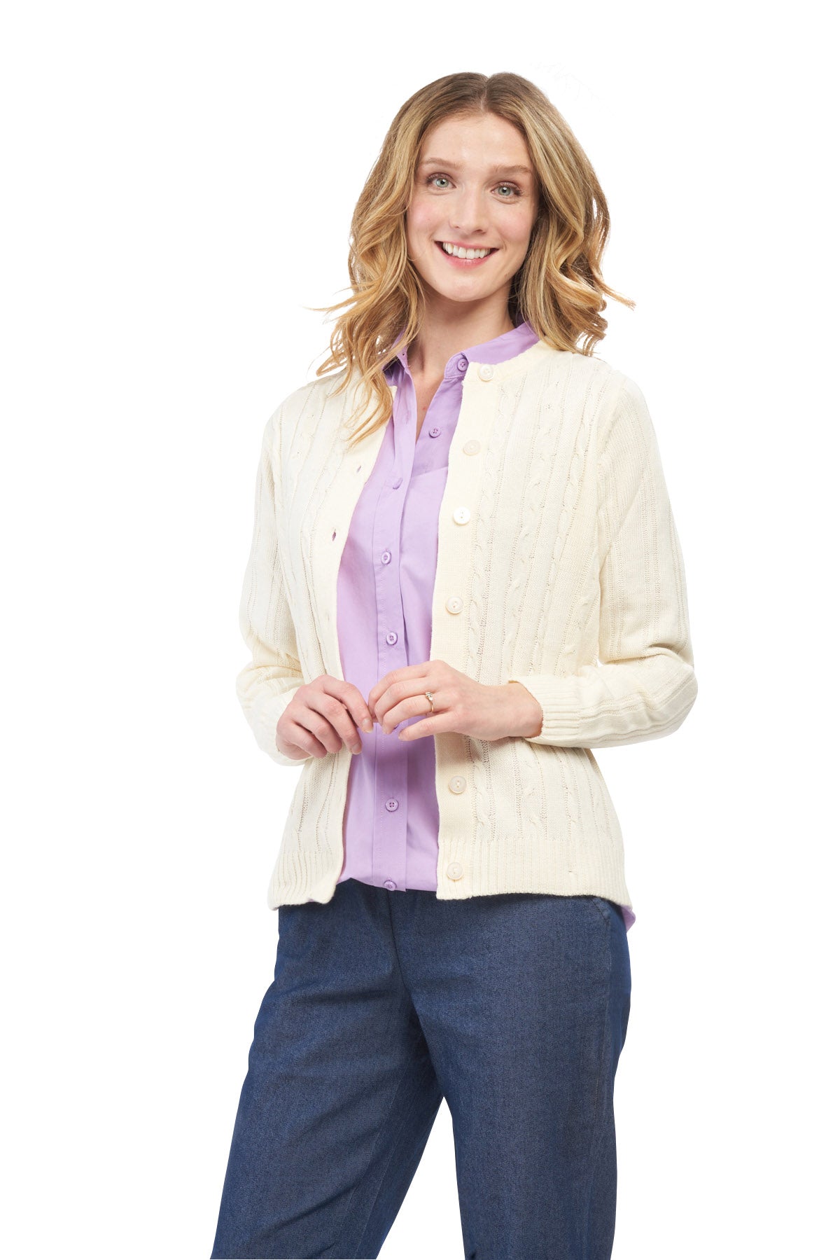 Cárdigan clásico de punto trenzado con botones para mujer de acrílico suave