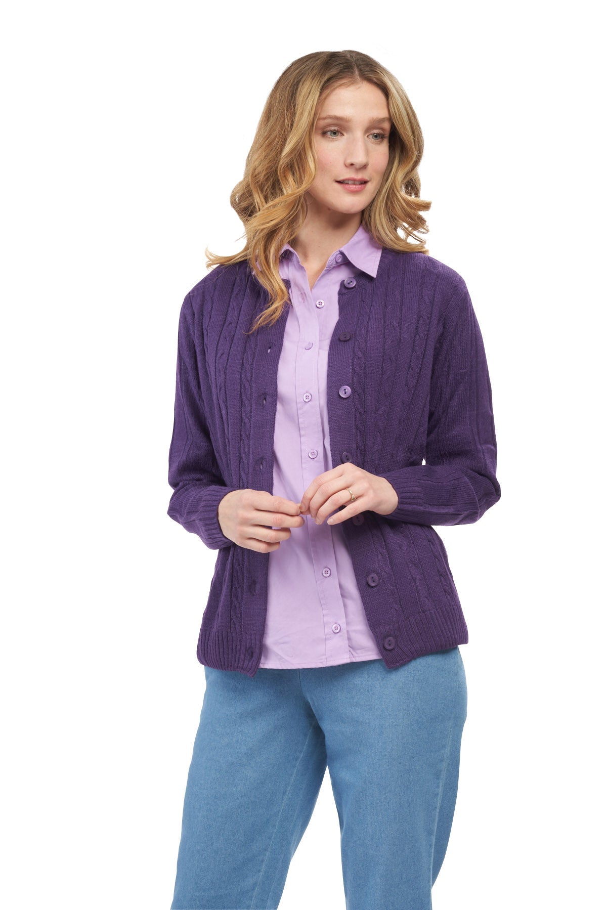 Cárdigan clásico de punto trenzado con botones para mujer de acrílico suave