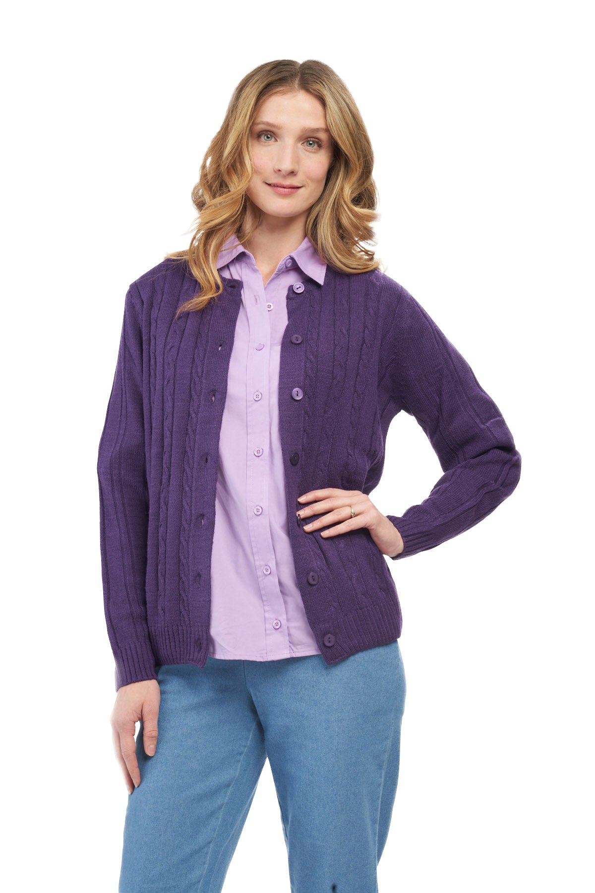 Cárdigan clásico de punto trenzado con botones para mujer de acrílico suave